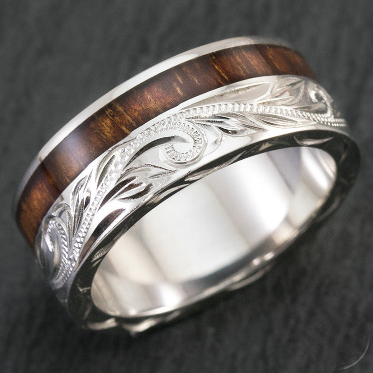 Sterling Silver Hand Engraved Ring with Offset Hawaiian Koa Wood Inlay