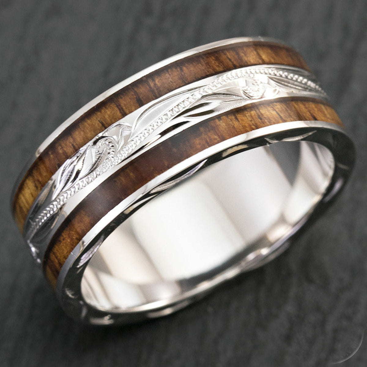 Sterling Silver Hand Engraved Hawaiian Jewelry Ring with Duo Hawaiian Koa Wood Inlay - 8mm, Flat Shape, Standard Fitment