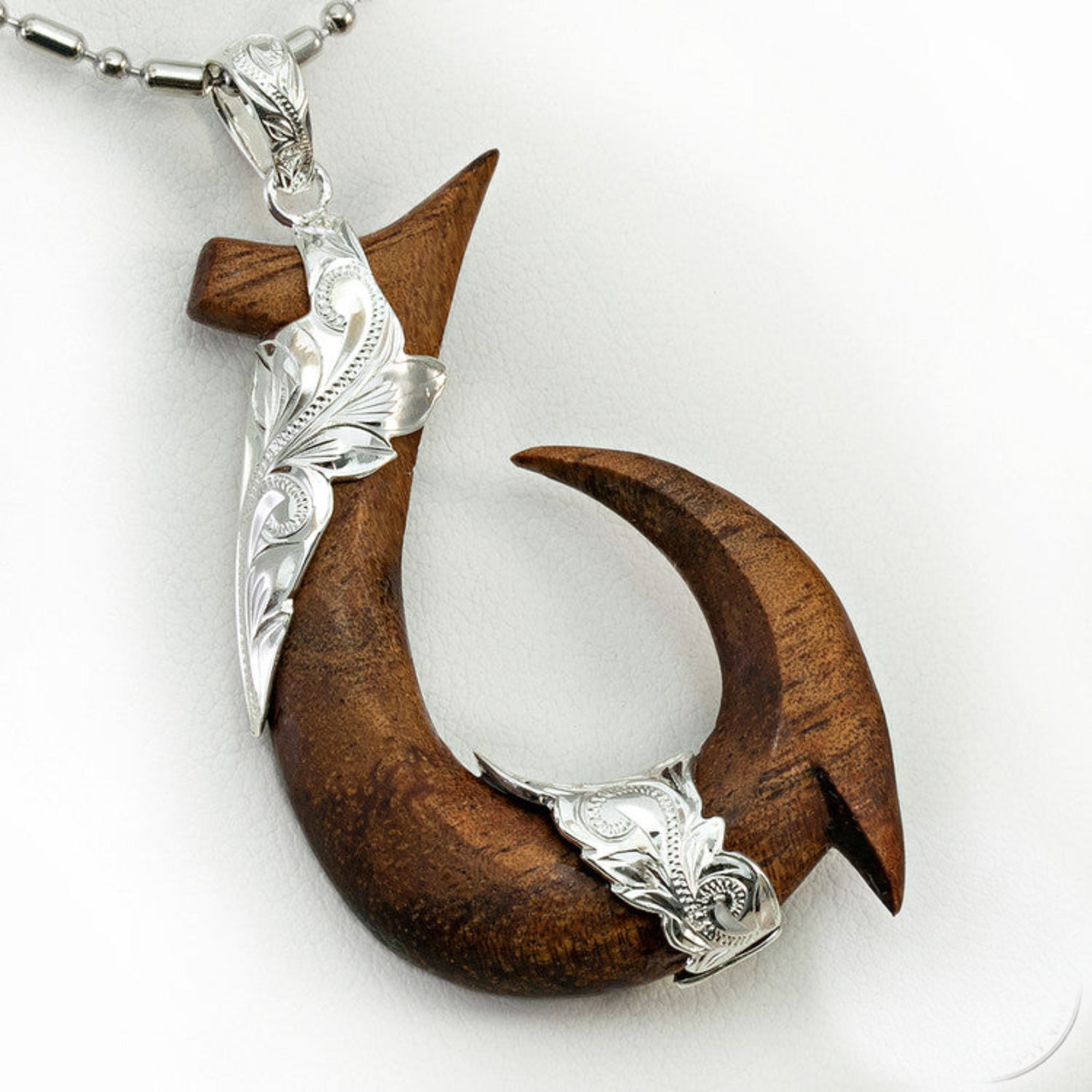 Solid Hawaiian Koa Wood Sterling Silver Fish Hook 'Makau' Necklace Pen