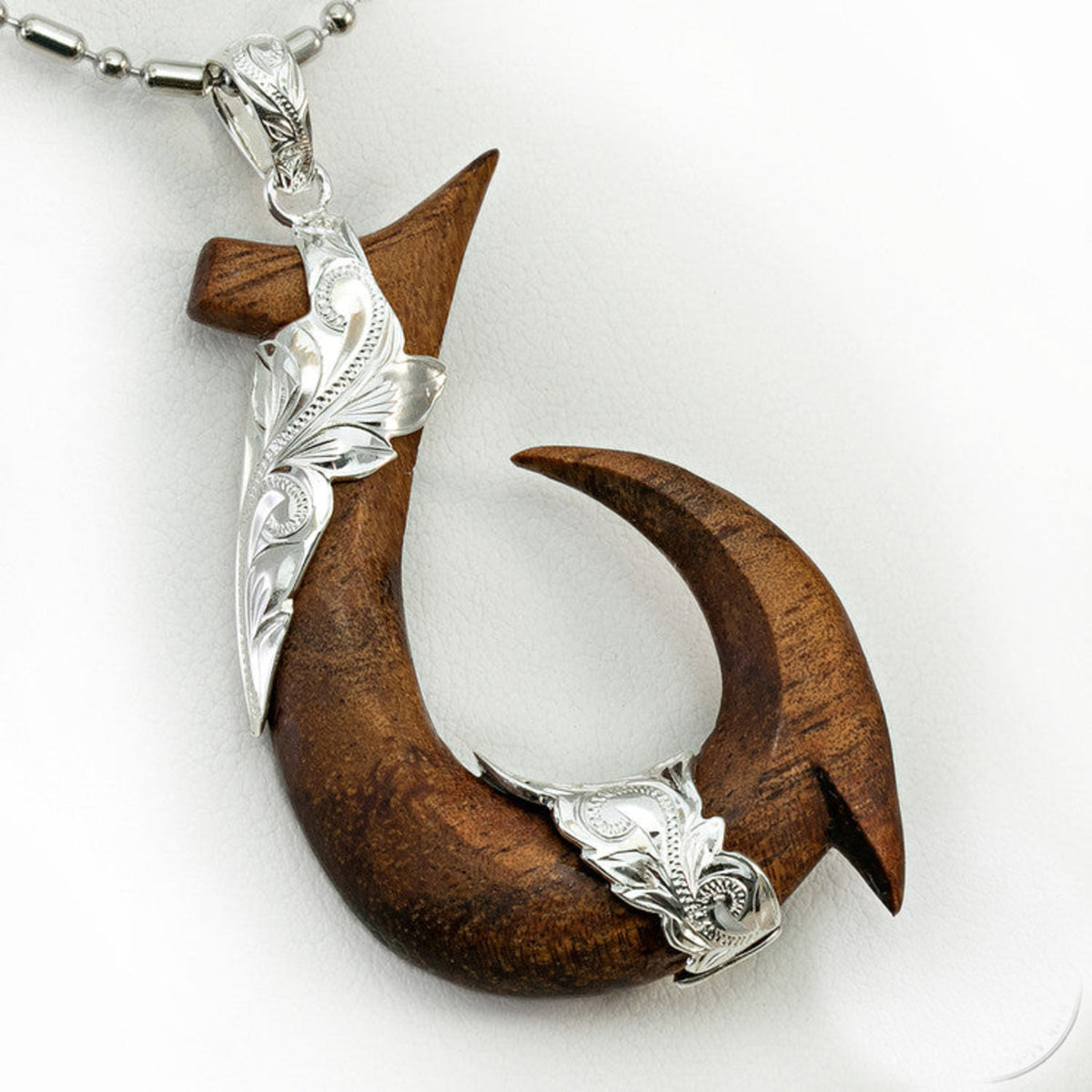 Solid Hawaiian Koa Wood Sterling Silver Fish Hook 'Makau' Necklace Pendant