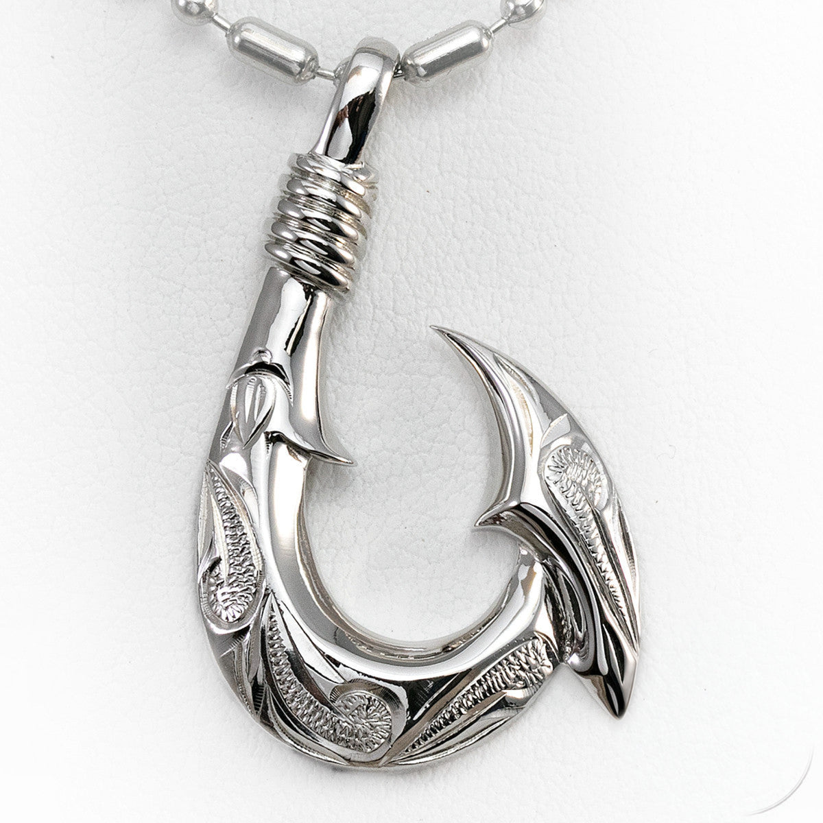 Sterling Silver Fish Hook Pendant Hand Engraved with Hawaiian Scroll Design