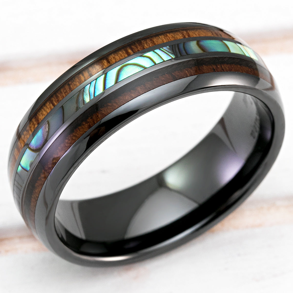 Black Hi-Tech Ceramic Ring with Abalone Pau'a Shell and Hawaiian Koa Wood Tri-Inlay