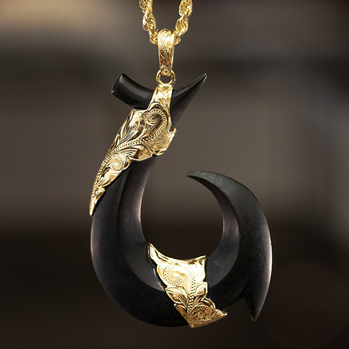 14K Gold Black Jade Hawaiian Fish Hook Pendant