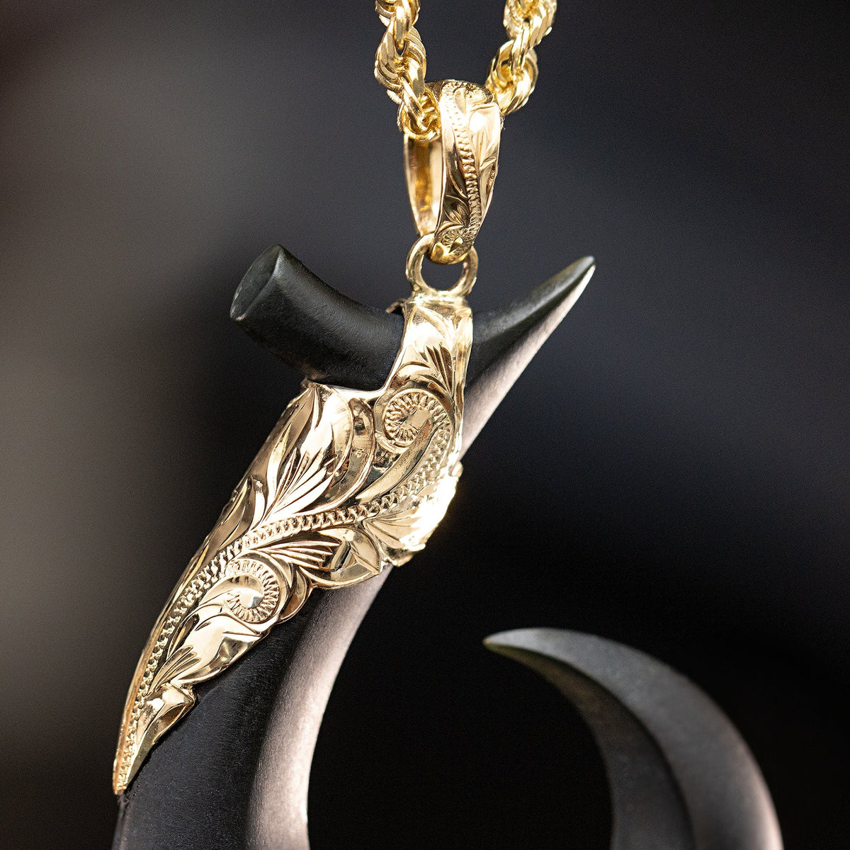 14K Gold Black Jade Hawaiian Fish Hook Pendant