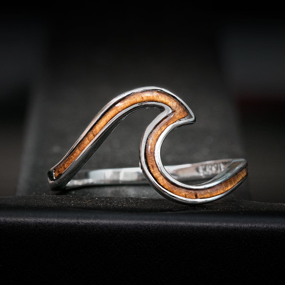 Petite Sterling Silver Wave Ring with Hawaiian Koa Wood Inlay