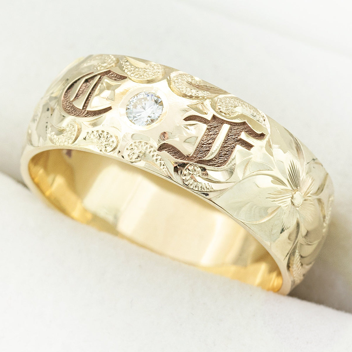 Two Initial 14K Gold Hawaiian Jewelry Diamond Ring / 8mm width / Dome Shape