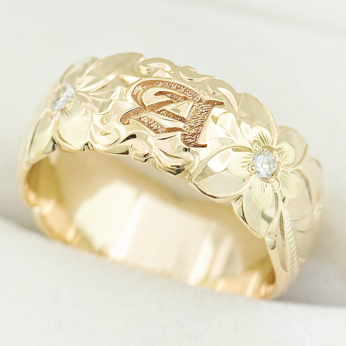 Solid Gold Personalized Initial Hawaiian Jewelry Ring with Diamonds / 8mm / Dome Shape