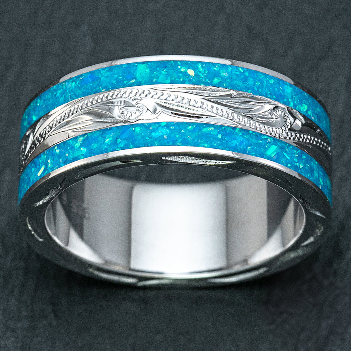 Sterling Silver 8mm Hawaiian Jewelry Ring with Azure Blue Opal Duo Inlay - Flat Shape, Standard Fitment