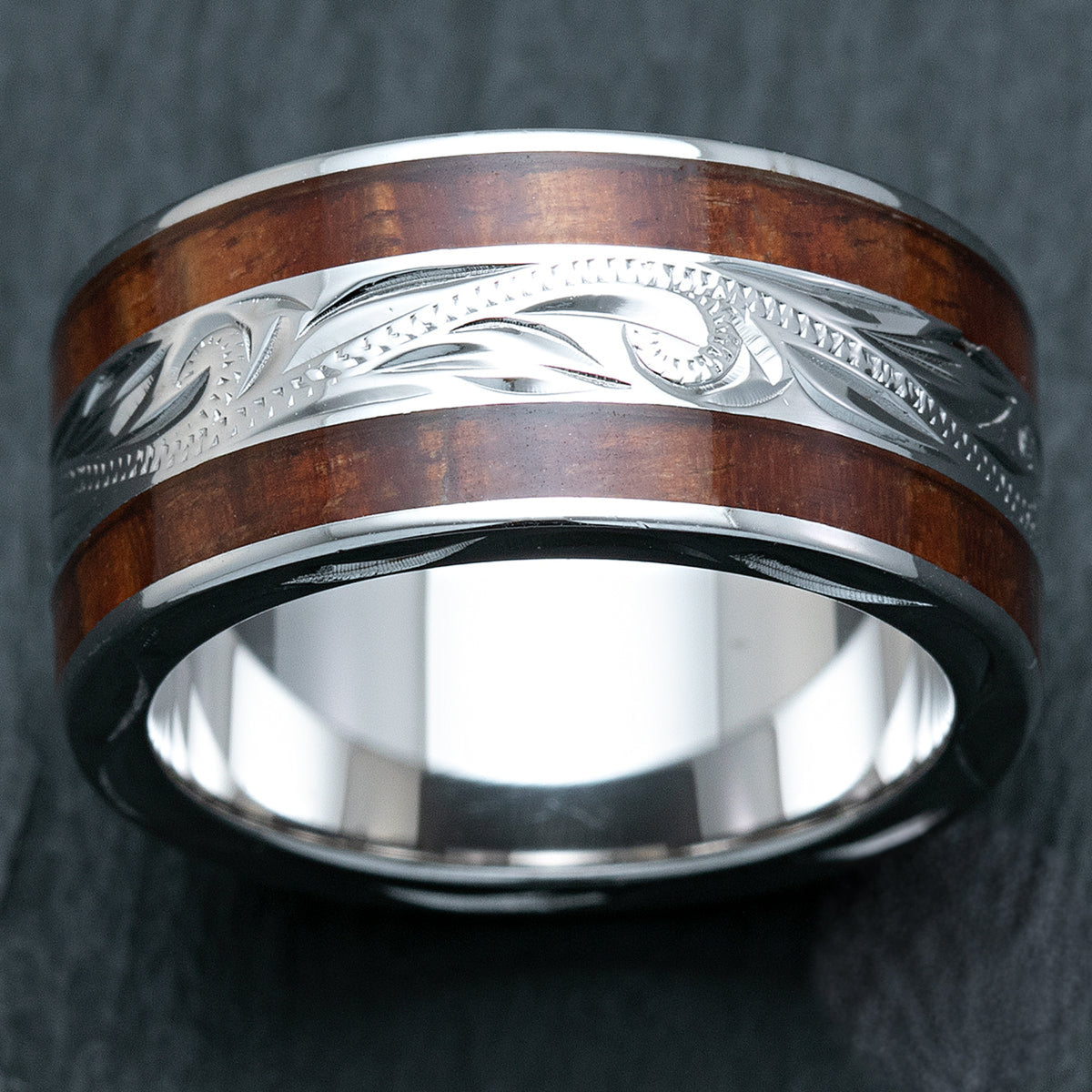 Sterling Silver 10mm Wide Width Hawaiian Jewelry Ring with Hawaii Koa Wood Duo Inlay - Flat Shape, Standard Fitment