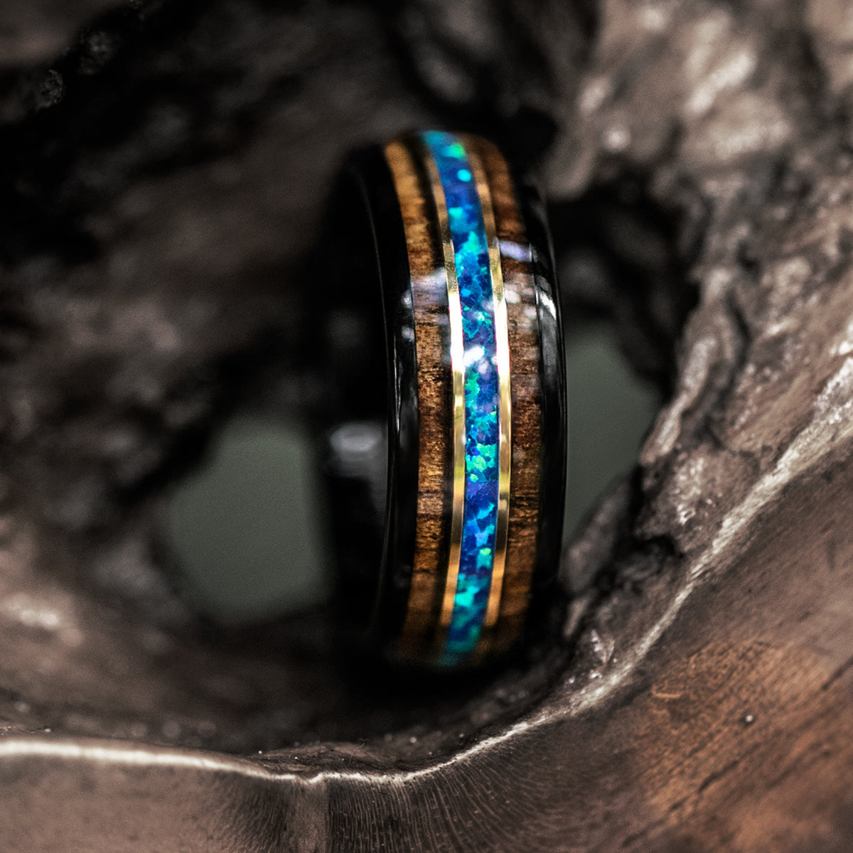 Black Tungsten with Gold Strip Ring with Blue Opal & Hawaiian Koa Wood Tri-Inlay - 8mm, Dome Shape, Comfort Fitment