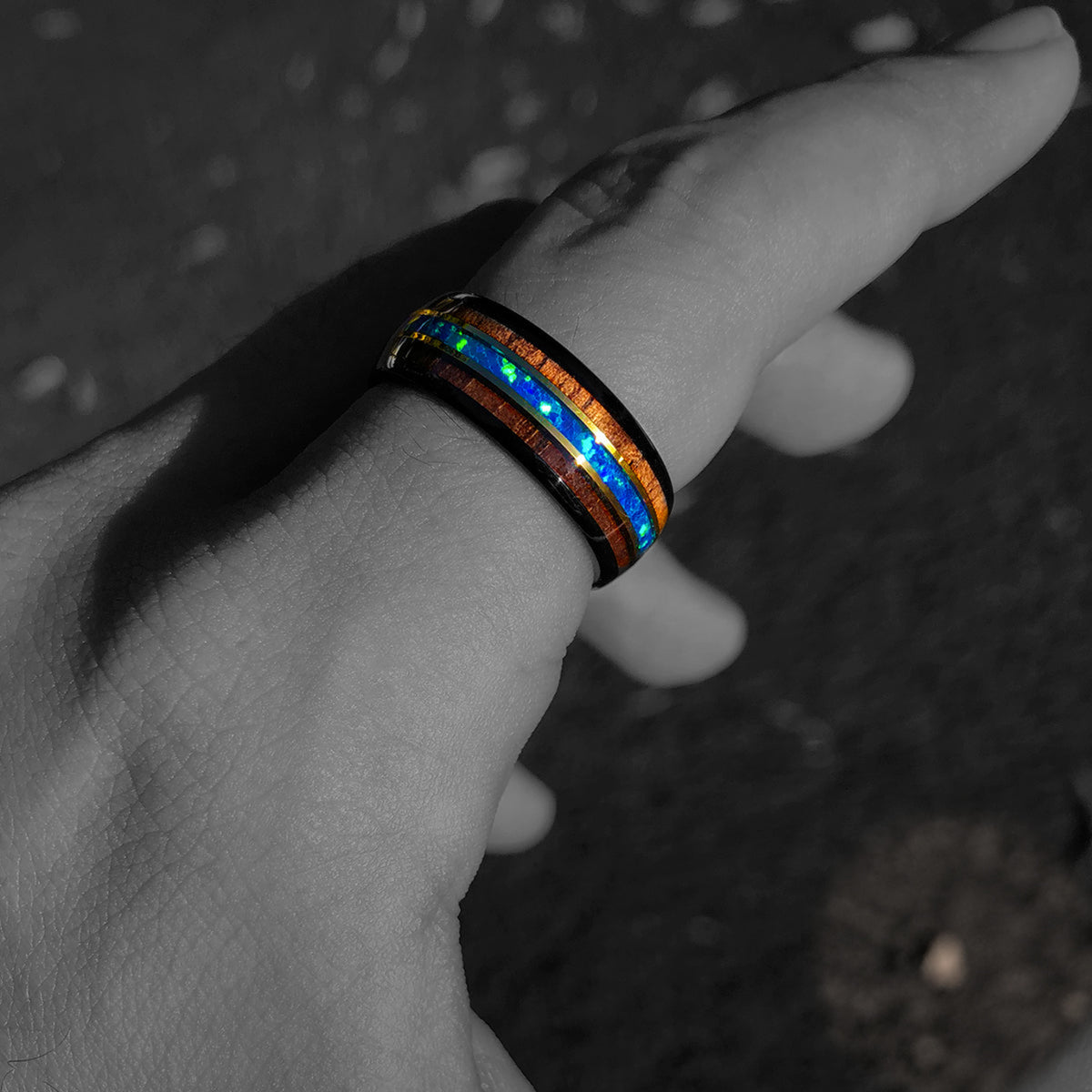 Black Tungsten with Gold Strip Ring with Blue Opal & Hawaiian Koa Wood Tri-Inlay - 8mm, Dome Shape, Comfort Fitment