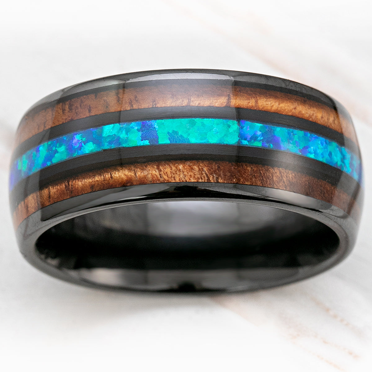 Black Ceramic 10mm Ring with Blue Opal & Hawaiian Koa Wood Tri Inlay - Dome Shape, Comfort Fitment