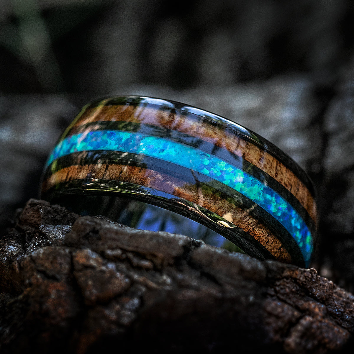 Black Ceramic 10mm Ring with Blue Opal & Hawaiian Koa Wood Tri Inlay - Dome Shape, Comfort Fitment