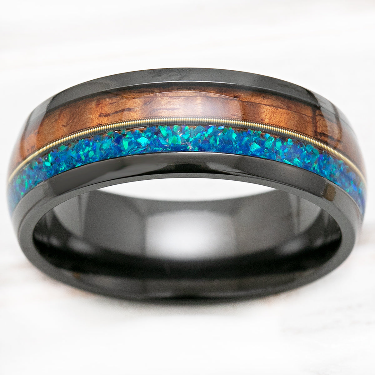 Black Zirconium 8mm Ring with Guitar String, Azure Opal, & Hawaiian Koa Wood - Dome Shape, Comfort Fitment