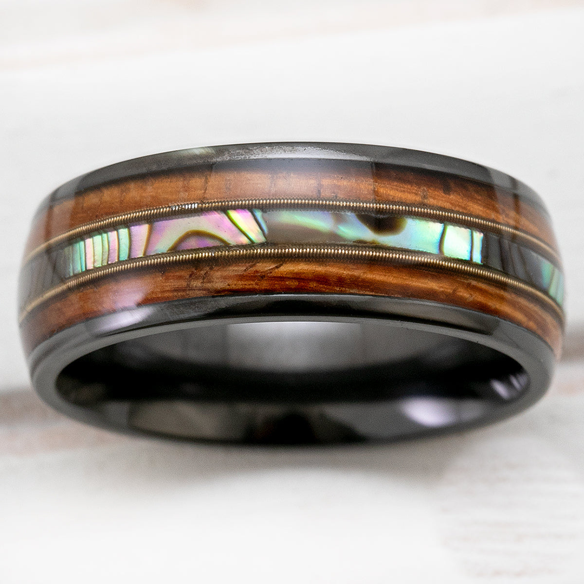 Black Zirconium Ring with Guitar String, Abalone Shell, & Koa Wood Tri-Inlay - 8mm, Dome Shape, Comfort Fitment