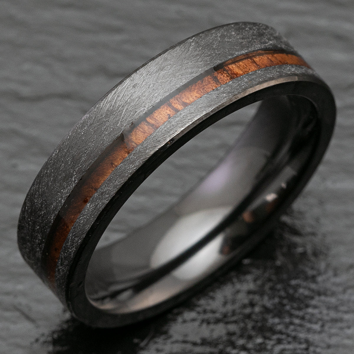Black Zirconium Ring with Hawaiian Koa Wood Offset Inlay - 6mm, Flat Shape, Comfort Fitment