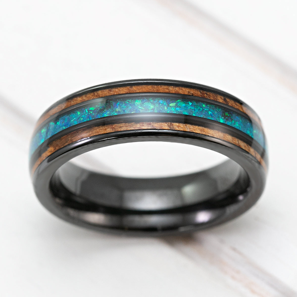 Black Zirconium Ring with Azure Blue Opal & Hawaiian Koa Wood Tri-Inlay - 6mm, Dome Shape, Comfort Fitment