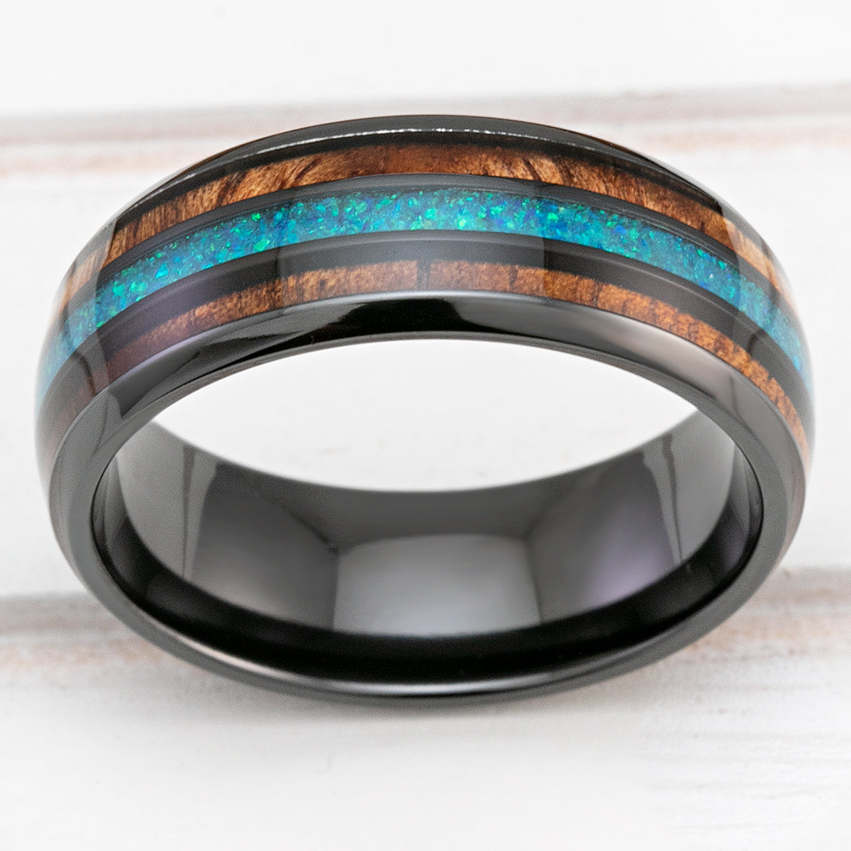 Black Zirconium 8mm Ring with Azure Blue Opal & Hawaiian Koa Wood - Dome Shape, Comfort Fitment