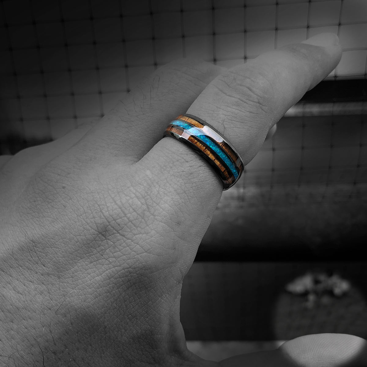 Black Zirconium 8mm Ring with Azure Blue Opal & Hawaiian Koa Wood - Dome Shape, Comfort Fitment