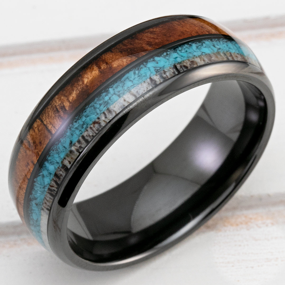 Black Zirconium 8mm Ring with Antler, Turquoise & Hawaiian Koa Wood Tri-Inlay - Dome Shape, Comfort Fitment