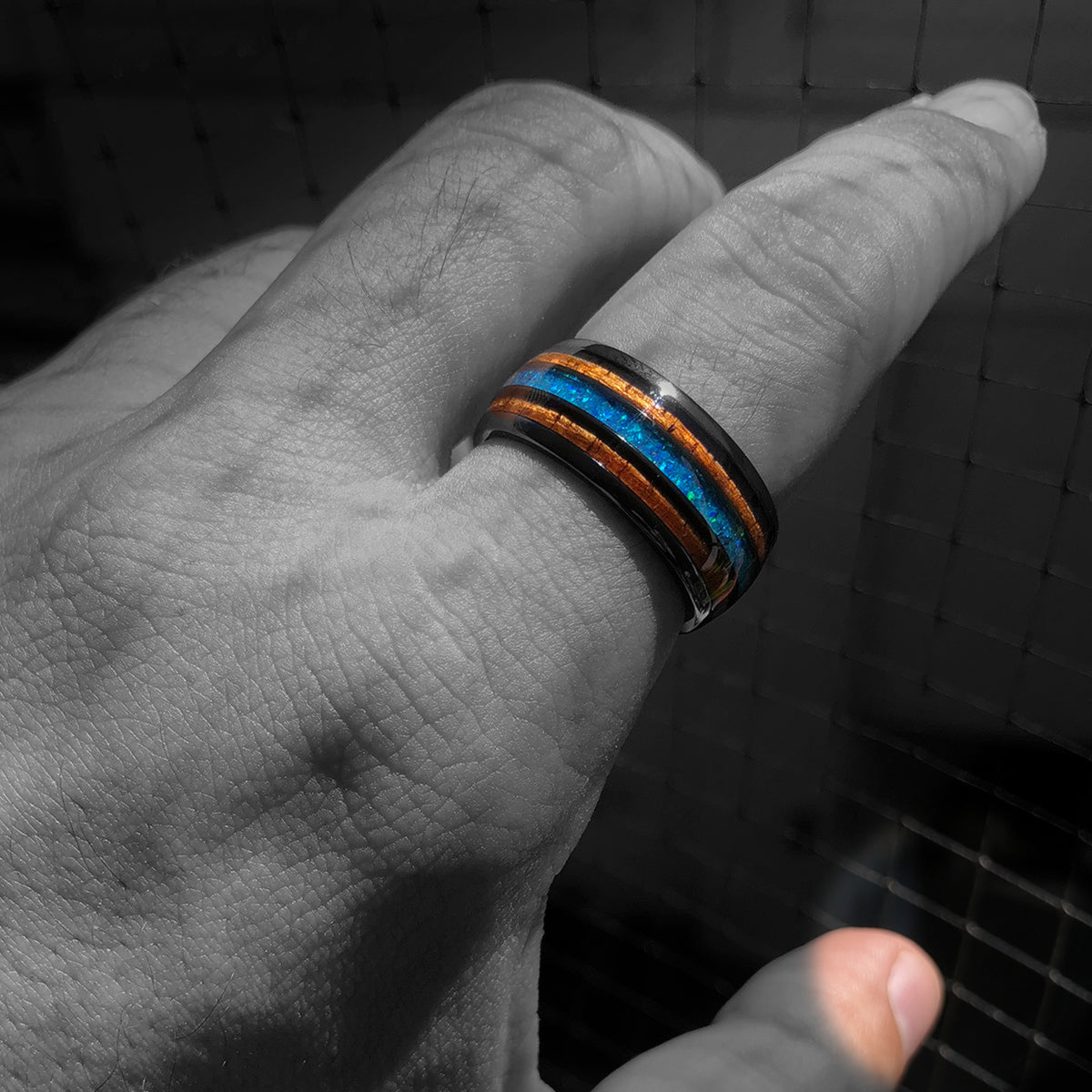 Black Zirconium 10mm Ring with Azure Blue Opal & Hawaiian Koa Wood Tri-Inlay - Dome Shape, Comfort Fitment
