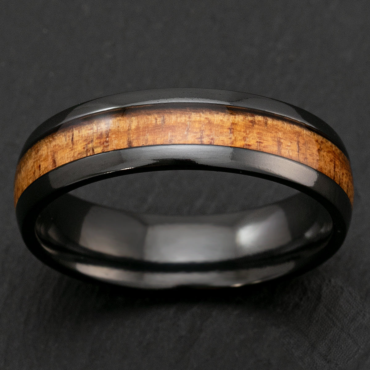Black Zirconium 6mm Ring with Hawaiian Koa Wood Inlay - Dome Shape, Comfort Fitment