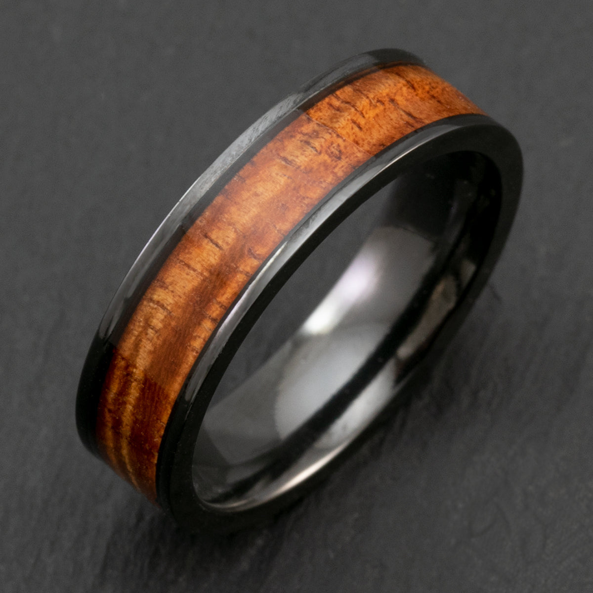 Black Zirconium 6mm Ring with Hawaiian Koa Wood Inlay - Flat Shape, Comfort Fitment