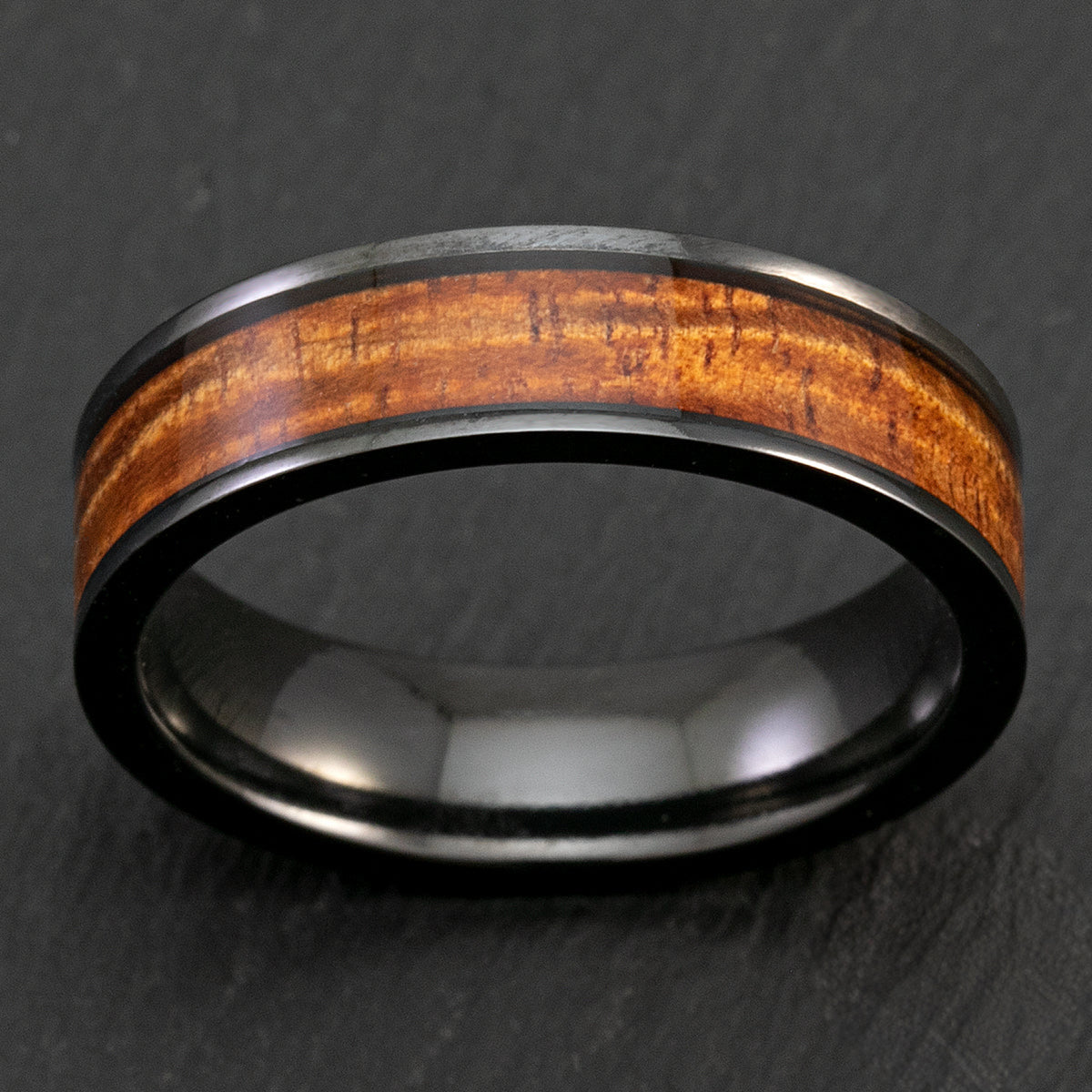 Black Zirconium 6mm Ring with Hawaiian Koa Wood Inlay - Flat Shape, Comfort Fitment