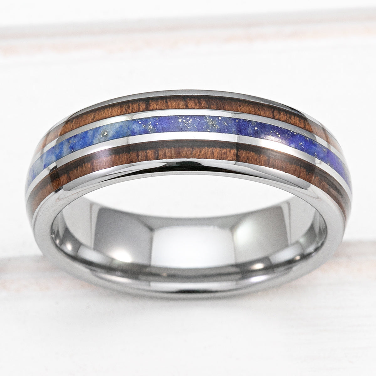 Tungsten Carbide 6mm Ring with Lapis & Koa Wood Tri-Inlay - Dome Shape, Comfort Fitment
