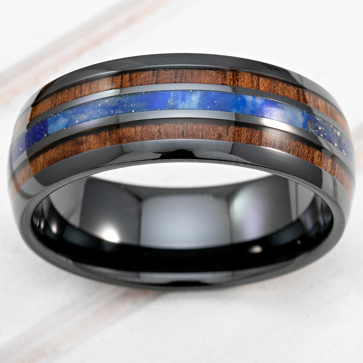 Black Ceramic Ring with Koa Wood & Lapis Tri-Inlay - 8mm, Dome Shape, Comfort Fitment