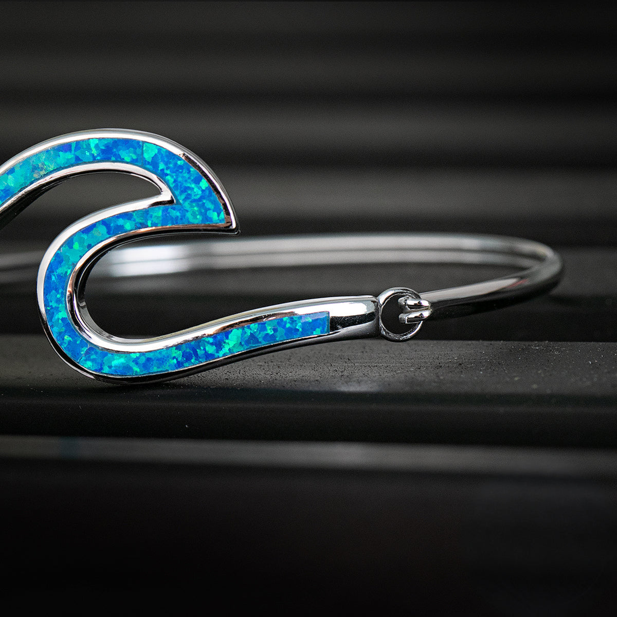Ocean Wave Sterling Silver Hinge Bracelet with Blue Opal Inlay