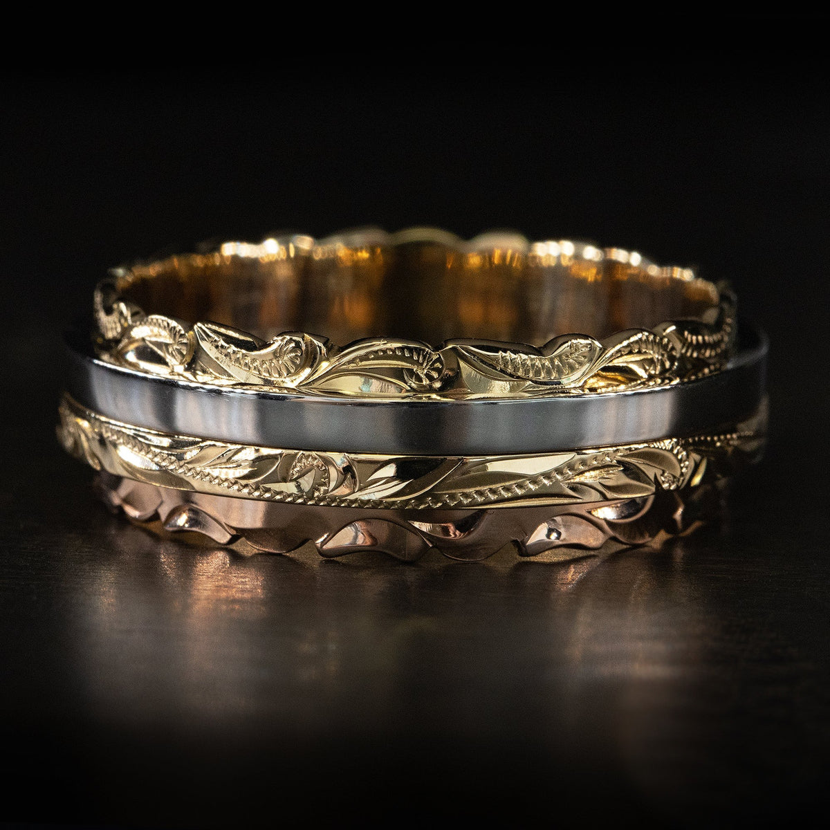 14K Gold Tri Tone 8mm width Hawaiian Jewelry Ring Hand Engraved Old English Design - Flat Shape, Standard Fitment