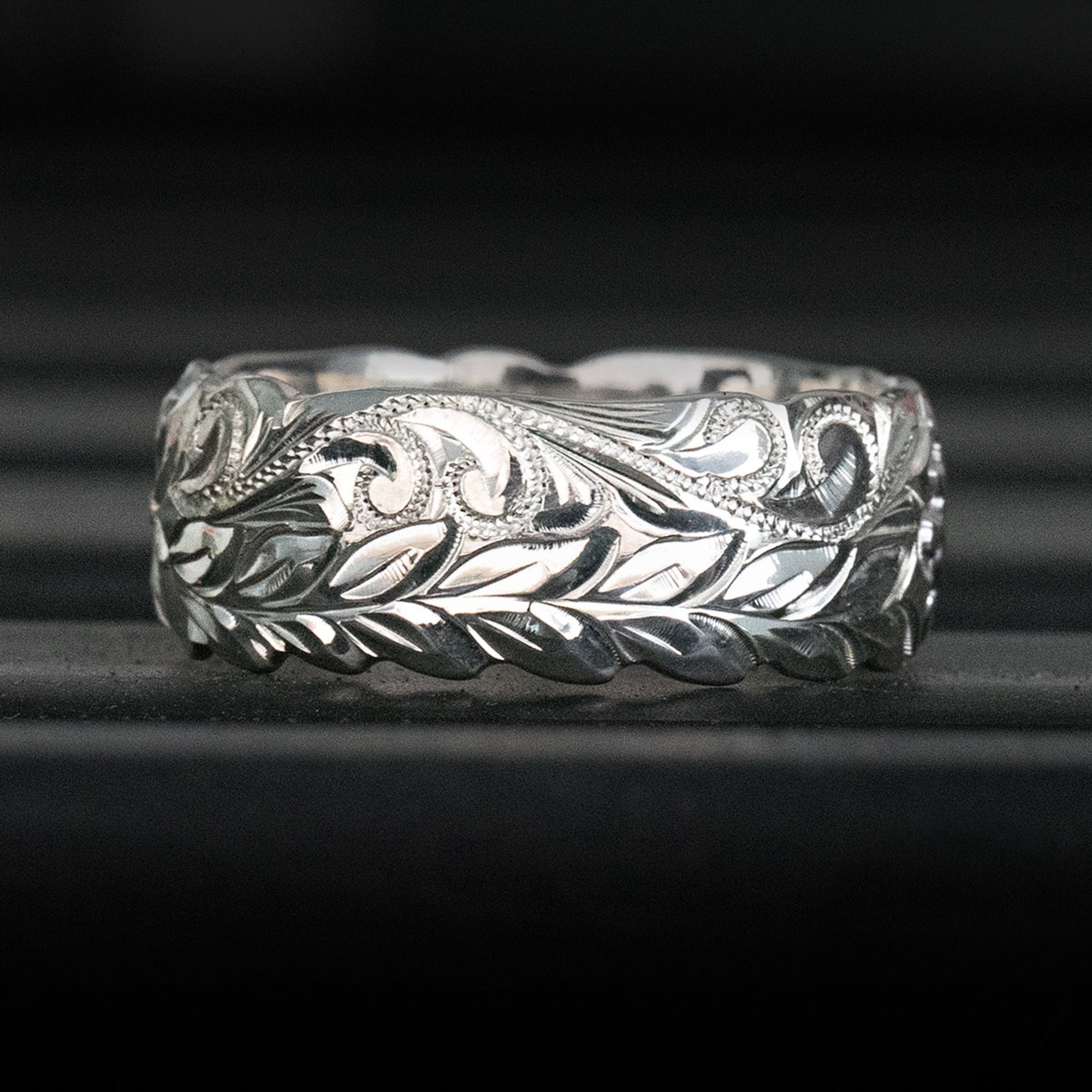 Sterling Silver Hawaiian Jewelry Ring Hand Engraved Maile Leaf & Scrol