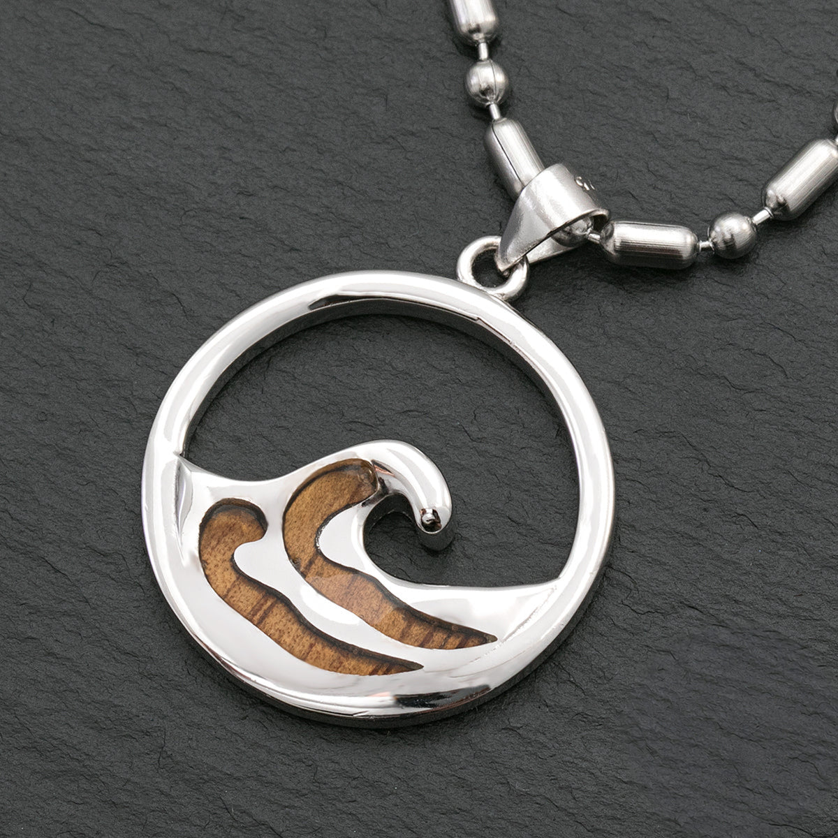 Sterling Silver Hawaiian Koa Wood Wave Pendant