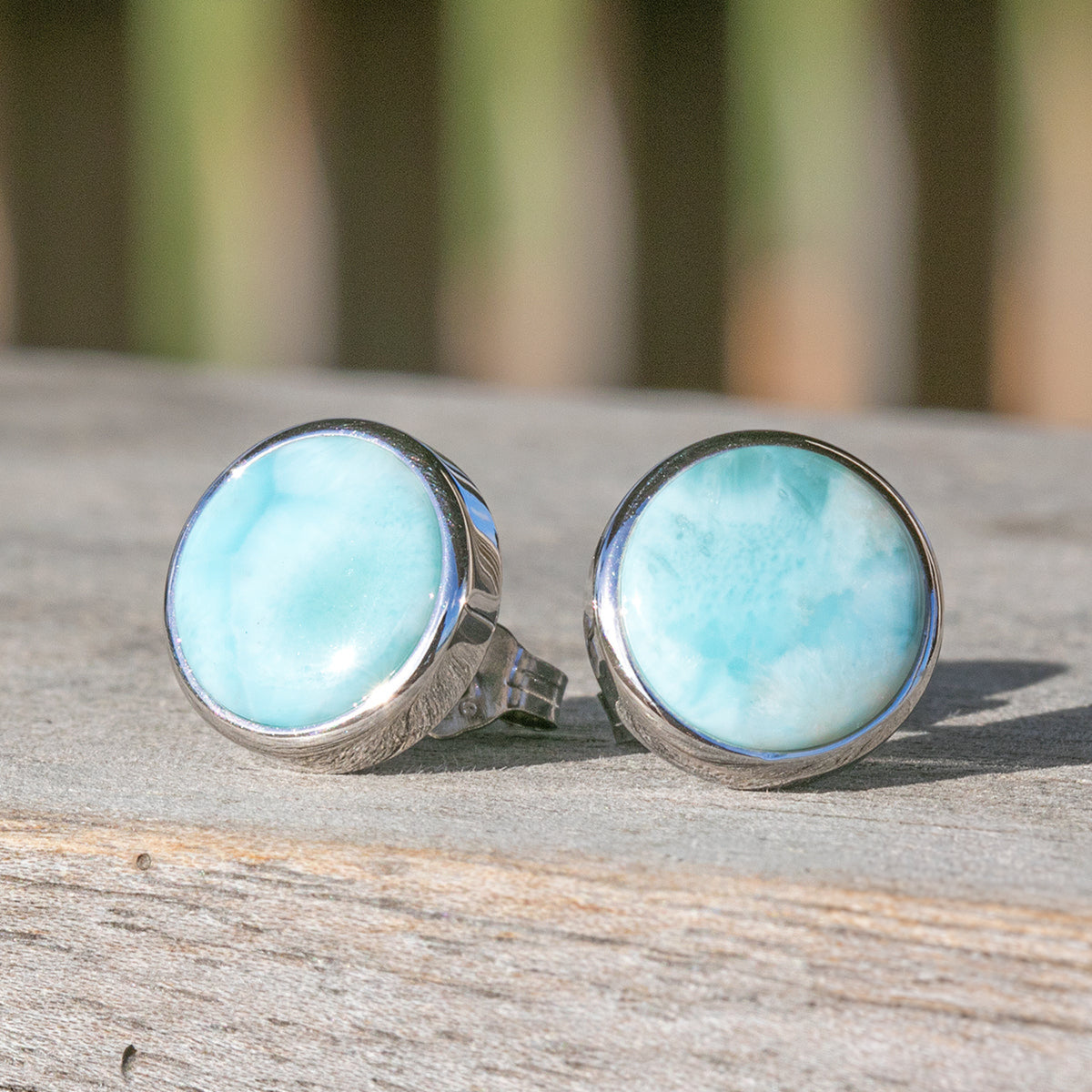 Round Shaped Sterling Silver Larimar Stud Earrings