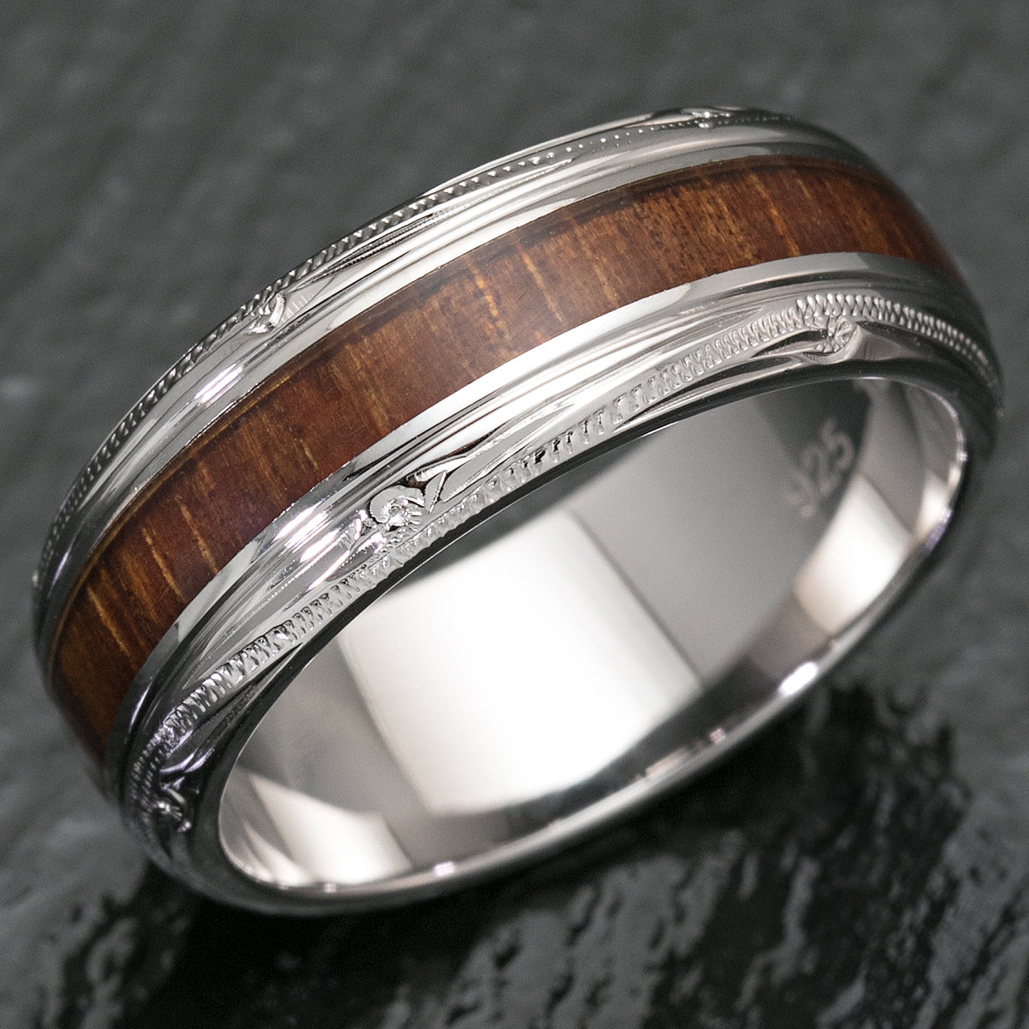 Sterling Silver Hawaiian Jewelry Ring with Koa Wood Inlay - 8mm, Dome