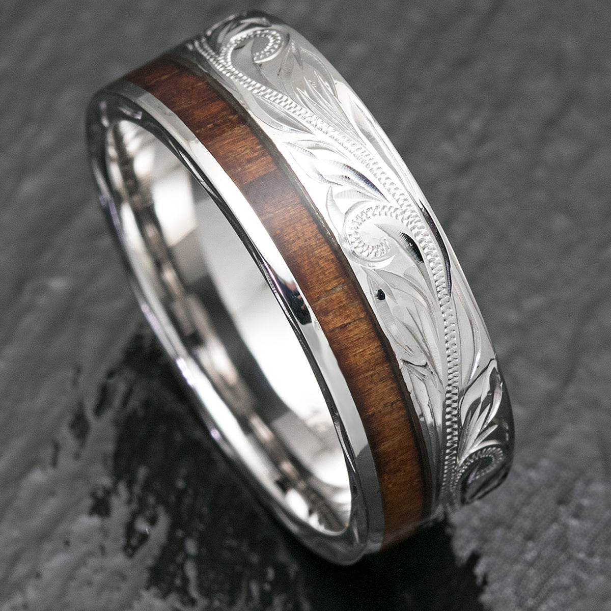 14K White Gold Hawaiian Jewelry Ring with Offset Koa Wood Inlay - 8mm, Flat Shape, Standard Fitment
