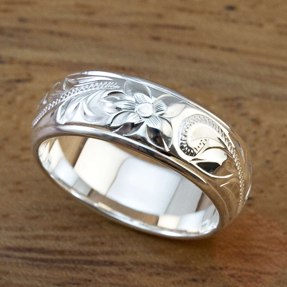 925 Stering Silver Ring Hand Engraved Old English Design with Polished Edges - 6mm-8mm, Dome Barrel, Standard Fitment