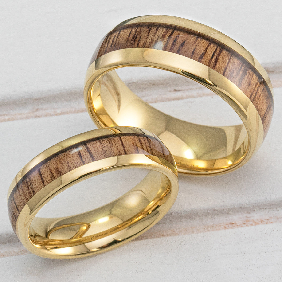 Pair of Tungsten Carbide Gold Plated Rings with Koa Wood Inlay - 6&8mm, Dome Shape, Comfort Fitment