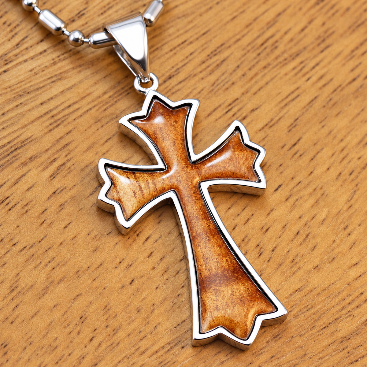 Silver Cross Pendant with Koa Wood Inlay