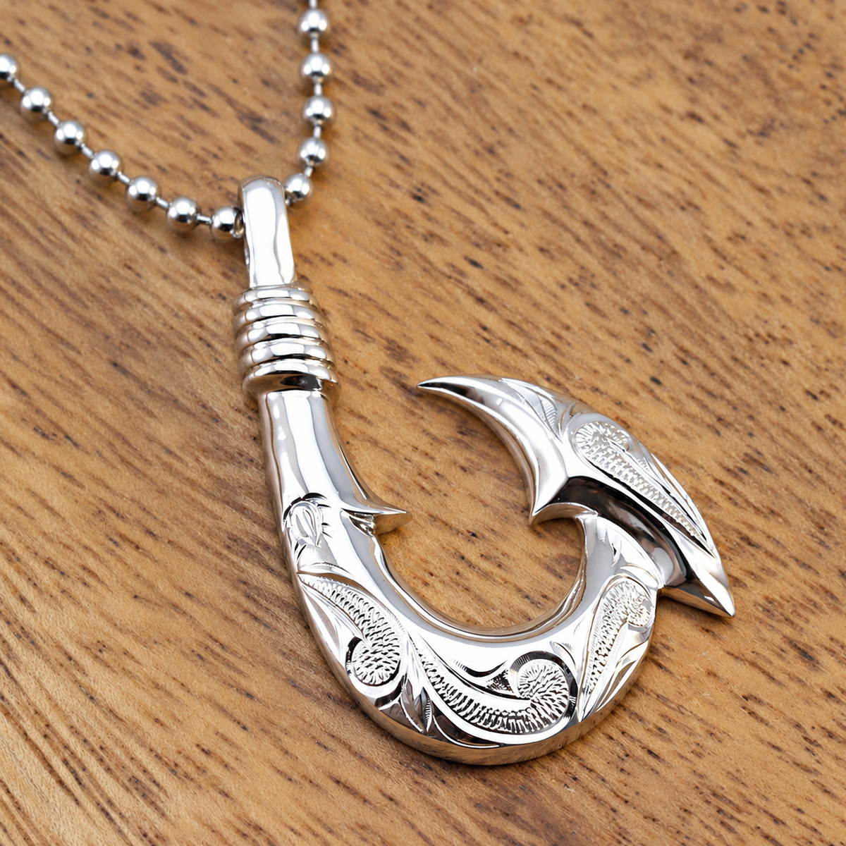 Sterling Silver Fish Hook Pendant Hand Engraved with Hawaiian Scroll Design, alternate view