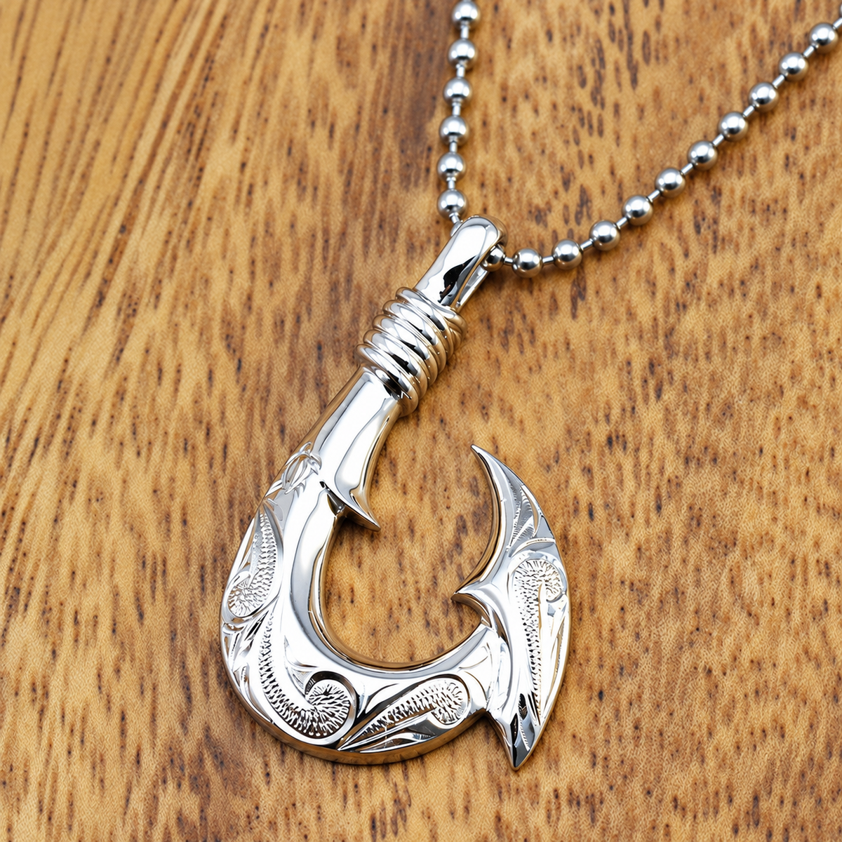Sterling Silver Fish Hook Pendant Hand Engraved with Hawaiian Scroll Design, alternate view