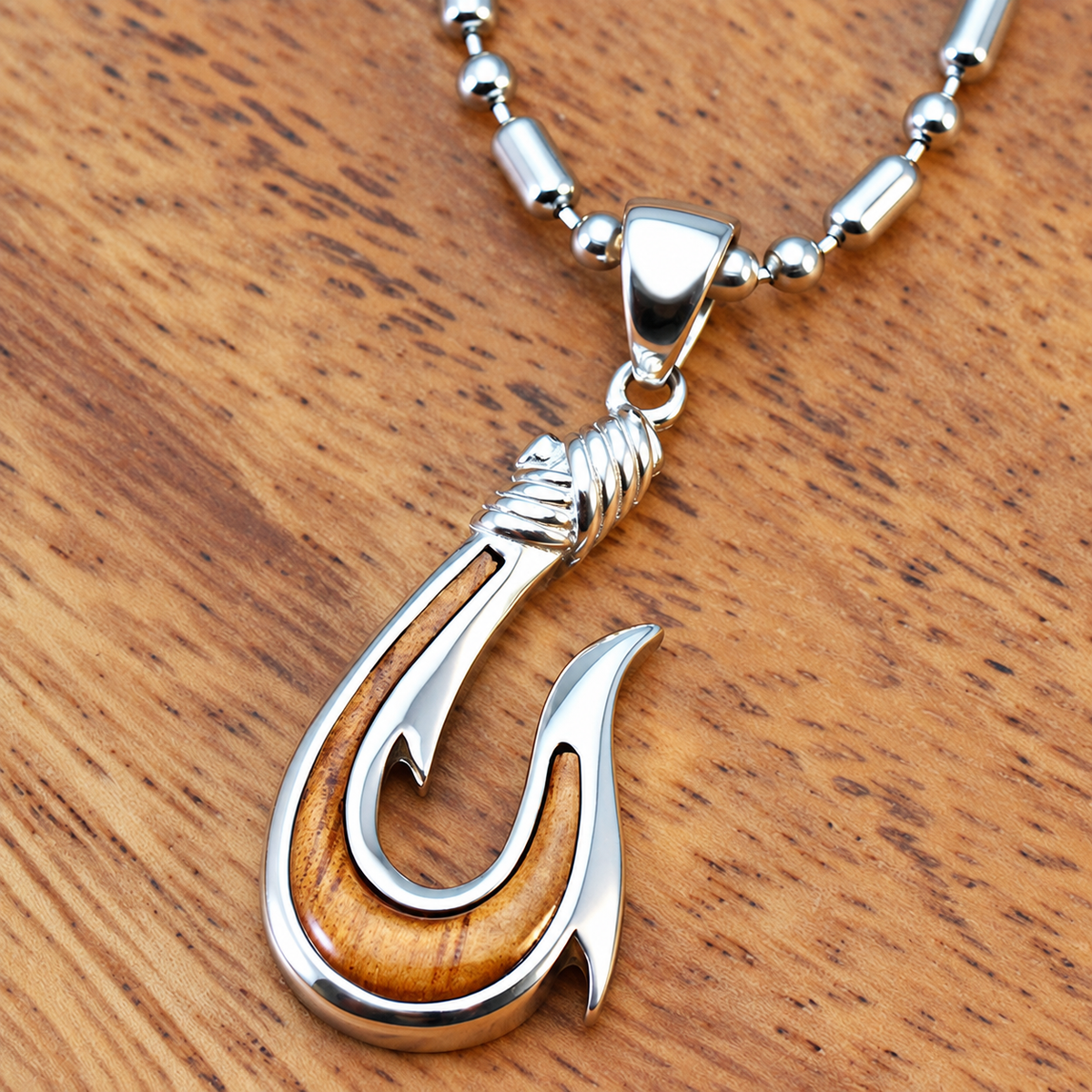 Sterling Silver Pendant Fish Hook Koa Wood Inlay (Small)