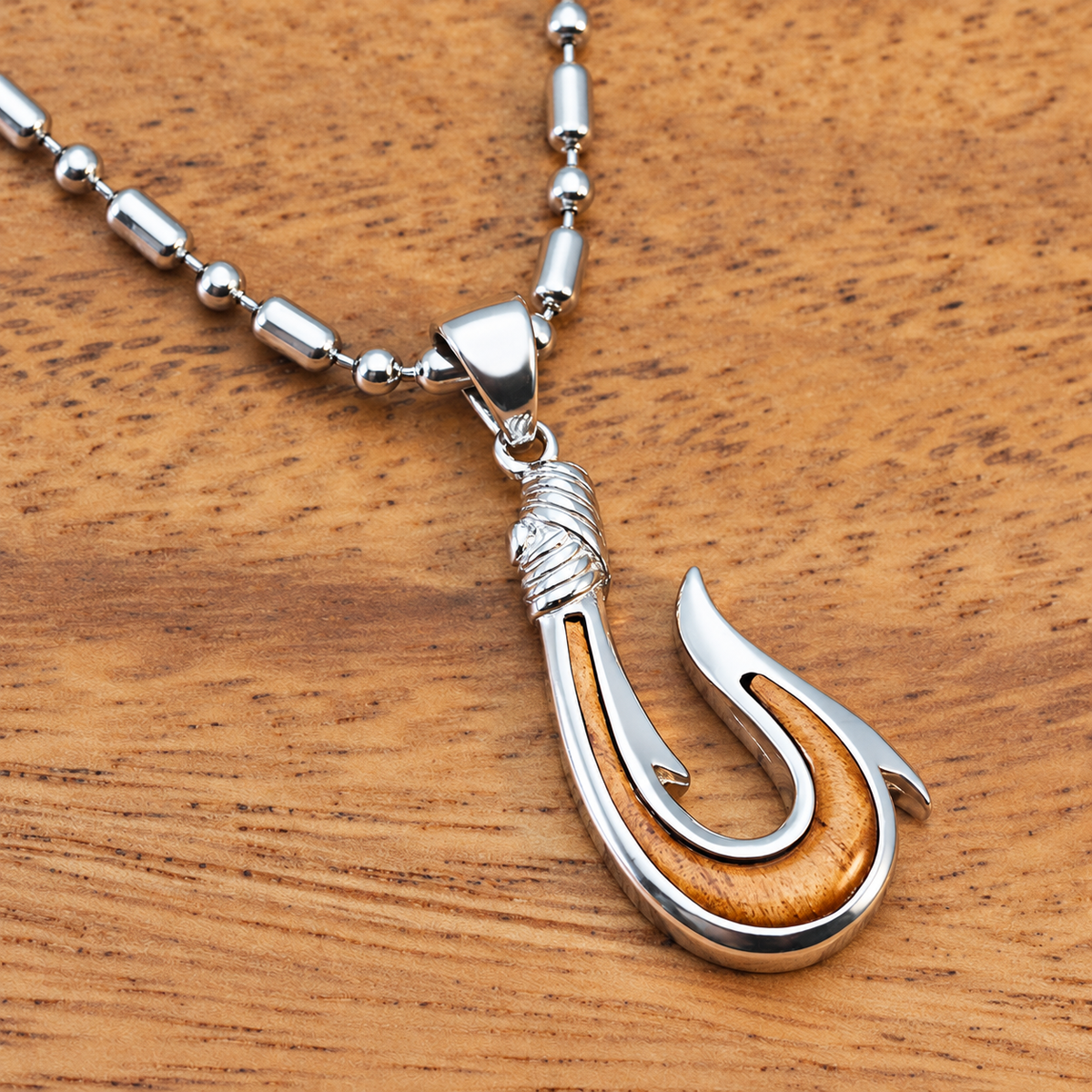 Sterling Silver Pendant Fish Hook Koa Wood Inlay (Small), alternate view