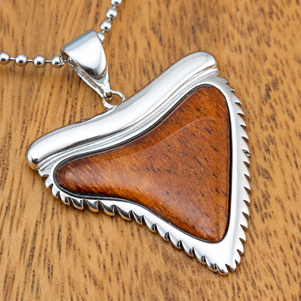 925 Sterling Silver Shark 'Mano' Tooth Pendant with Hawaiian Koa Wood Inlay