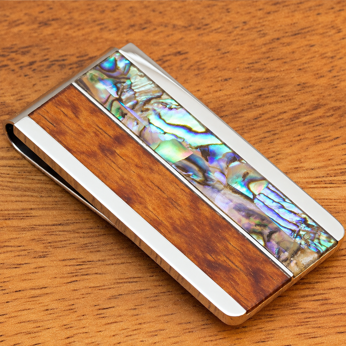 Stainless steel money clip with Hawaiian koa wood and abalone shell inlay