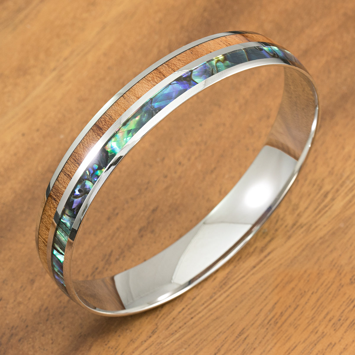 316L Stainless Steel Bracelet with Abalone Pau'a Shell & Hawaiian Koa Wood Inlay, 6mm-10mm, Dome Shape,