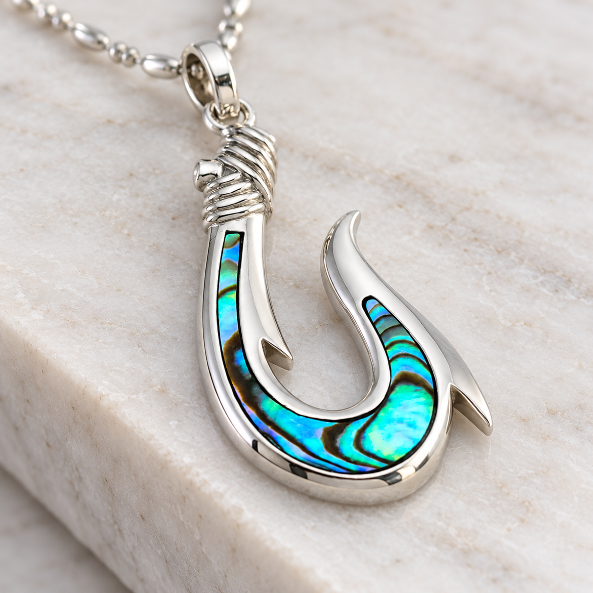 Sterling silver fish hook pendant with abalone shell inlay, alternate angle