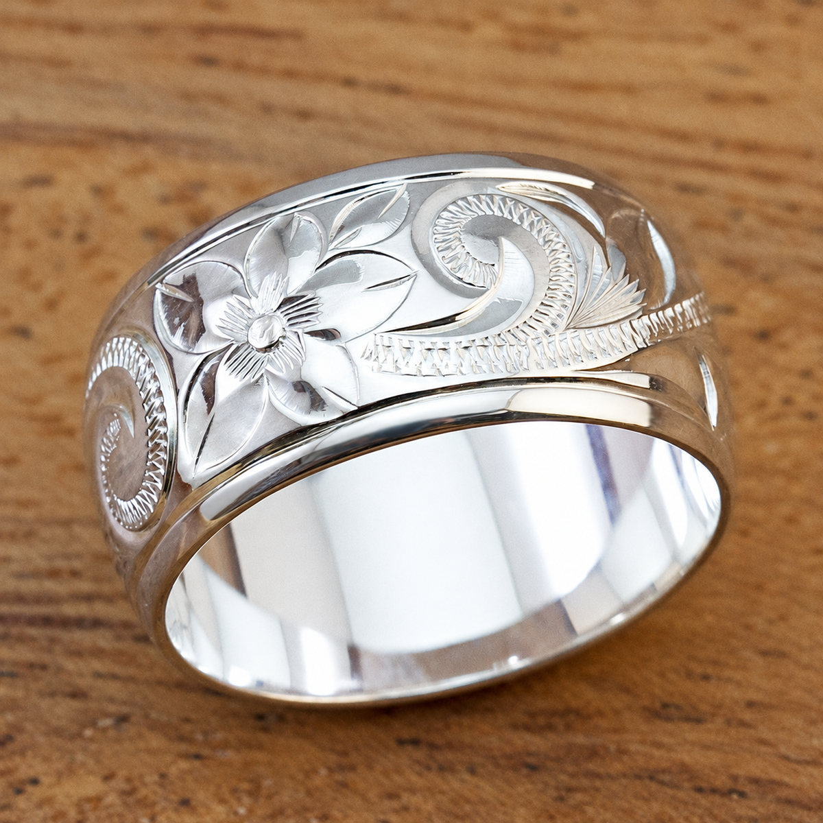 Sterling silver hand engraved Old English design ring