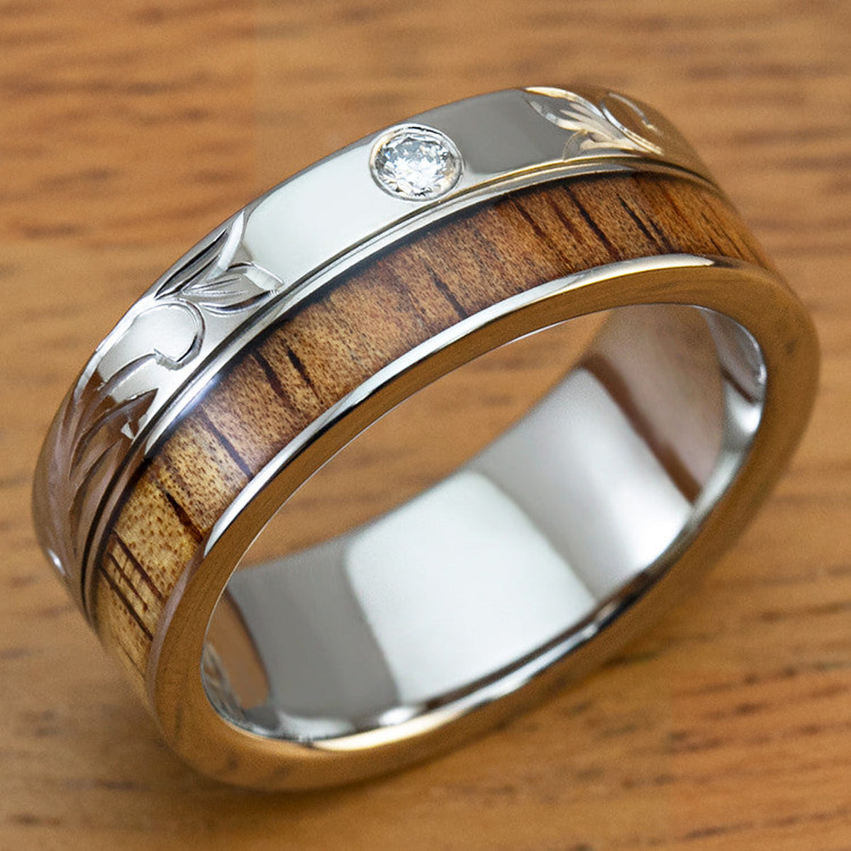 Titanium Flush Diamond Setting 8mm Width Ring Hand Engraved Floral Design with Hawaiian Koa Wood Inlay